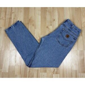 Vintage 90s Y2K Carhartt Blue Jeans / Leather Patch / Size 34 x 32